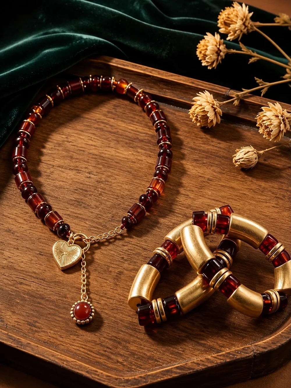 Gold Heart Charm Red Bead Necklace by